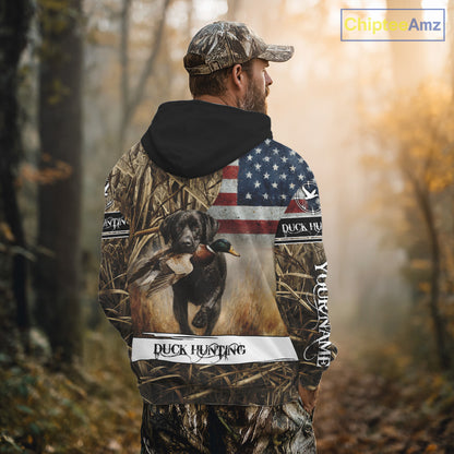Duck Hunting Waterfowl Camo US Flag Black Labrador Retriever Dog Shirts, Duck Hunting Gifts NBT80