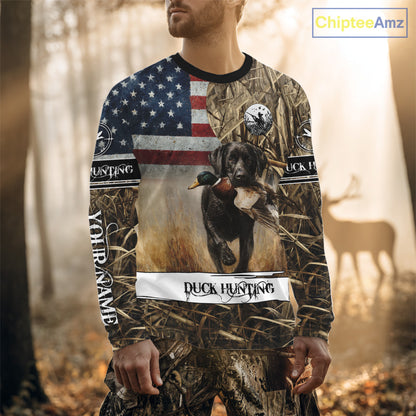 Duck Hunting Waterfowl Camo US Flag Black Labrador Retriever Dog Shirts, Duck Hunting Gifts NBT80