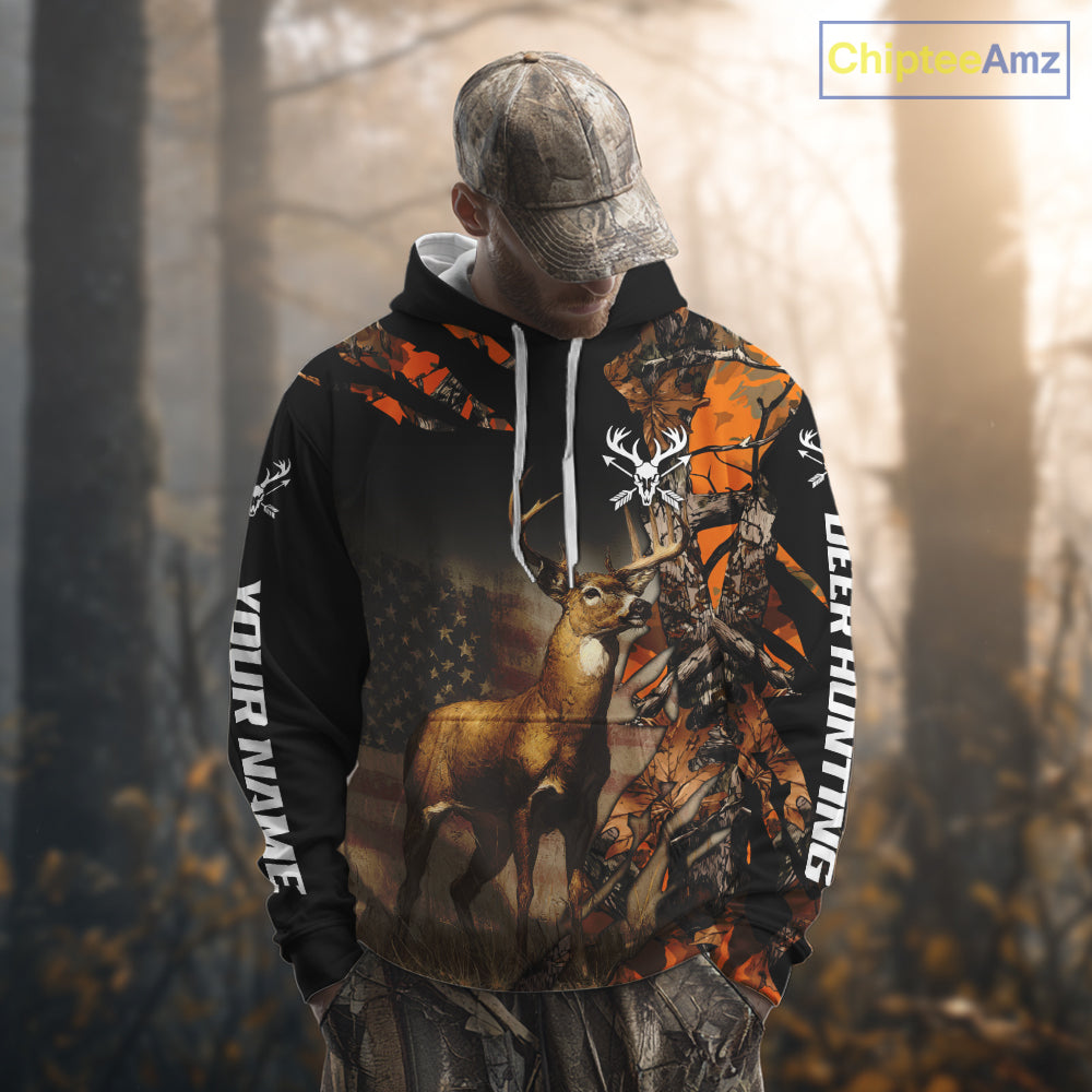 Deer Hunting Shirt Orange Forest Camo US Flag Custom Name Hoodie, Long Sleeve For Men NBT256