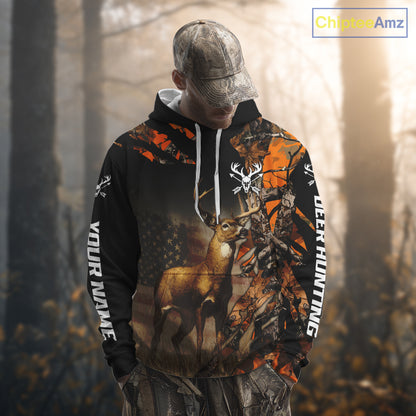 Deer Hunting Shirt Orange Forest Camo US Flag Custom Name Hoodie, Long Sleeve For Men NBT256