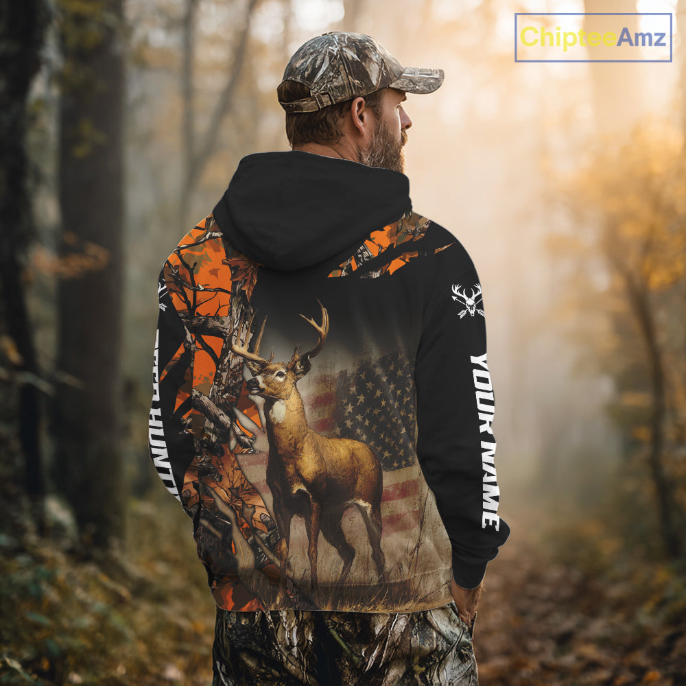 Deer Hunting Shirt Orange Forest Camo US Flag Custom Name Hoodie, Long Sleeve For Men NBT256