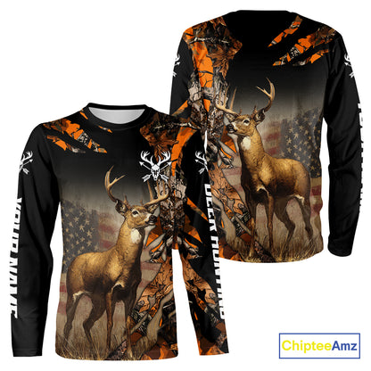 Deer Hunting Shirt Orange Forest Camo US Flag Custom Name Hoodie, Long Sleeve For Men NBT256