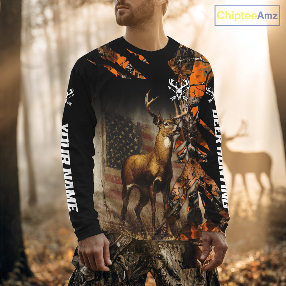 Deer Hunting Shirt Orange Forest Camo US Flag Custom Name Hoodie, Long Sleeve For Men NBT256