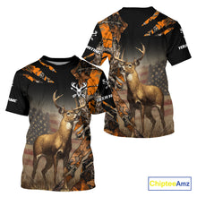 Load image into Gallery viewer, Deer Hunting Shirt Orange Forest Camo US Flag Custom Name Hoodie, Long Sleeve For Men NBT256