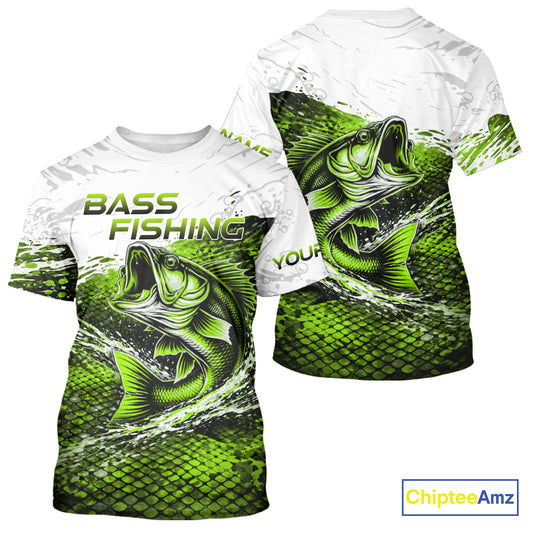 Custom Largemouth Bass Fish Scale Fishing Shirts, Bass Fishing Jerseys|Green NBT352