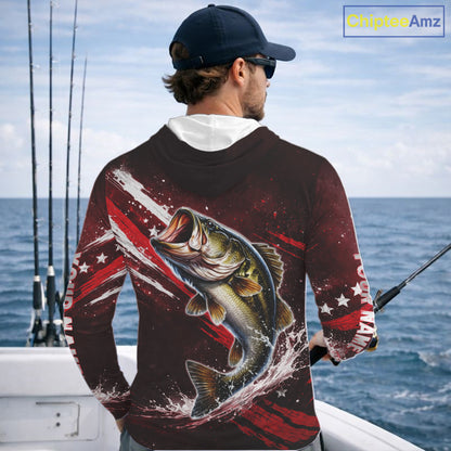 American Flag Fishing Shirt, Bass Long Sleeve Hooded Fishing Shirts, Bass Fishing Tournament Shirts|Red NBT434