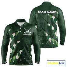 Load image into Gallery viewer, Front and back views of a green argyle plaid pattern long sleeve golf polo shirt, chest name text, and team name on the back.