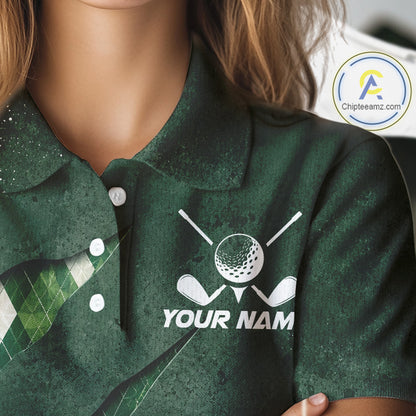 Close-up fabric detail of lightweight 100% polyester quick-dry golf polo shirt with golf clubs graphic and "Your Name" on the chest.