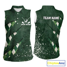 Load image into Gallery viewer, Front and back views of a womens green argyle pattern sleeveless golf polo shirt, name text on the chest and team name on the back.