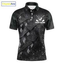 Load image into Gallery viewer, Front views of a gray argyle plaid pattern golf polo shirt, chest name text.