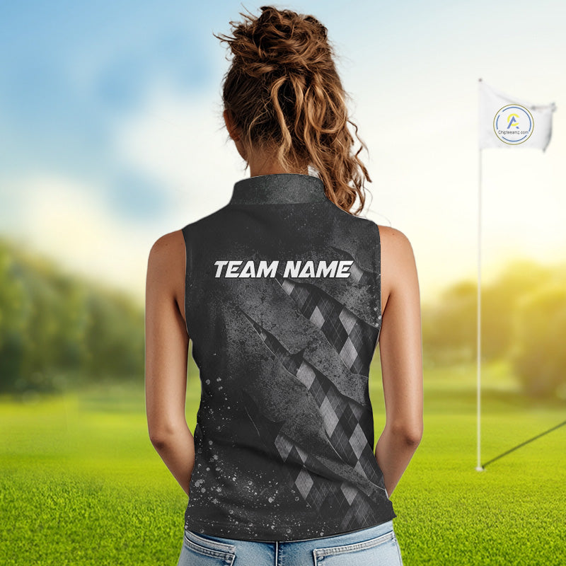 A woman wearing a womens gray argyle pattern sleeveless golf polo shirt with “Team Name” on the back