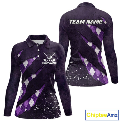 Front and back views of a womens green argyle pattern long sleeve golf polo shirt, chest name text, and team name on the back.