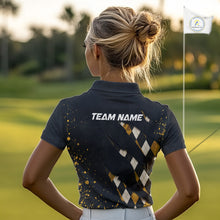 Load image into Gallery viewer, A woman wearing a black and yellow argyle golf polo shirt with “Team Name” on the back.