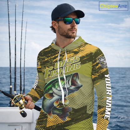 Green Camo Custom Largemouth Bass Fishing Shirts with Hood For Men, Bass Fishing Jerseys NBT438