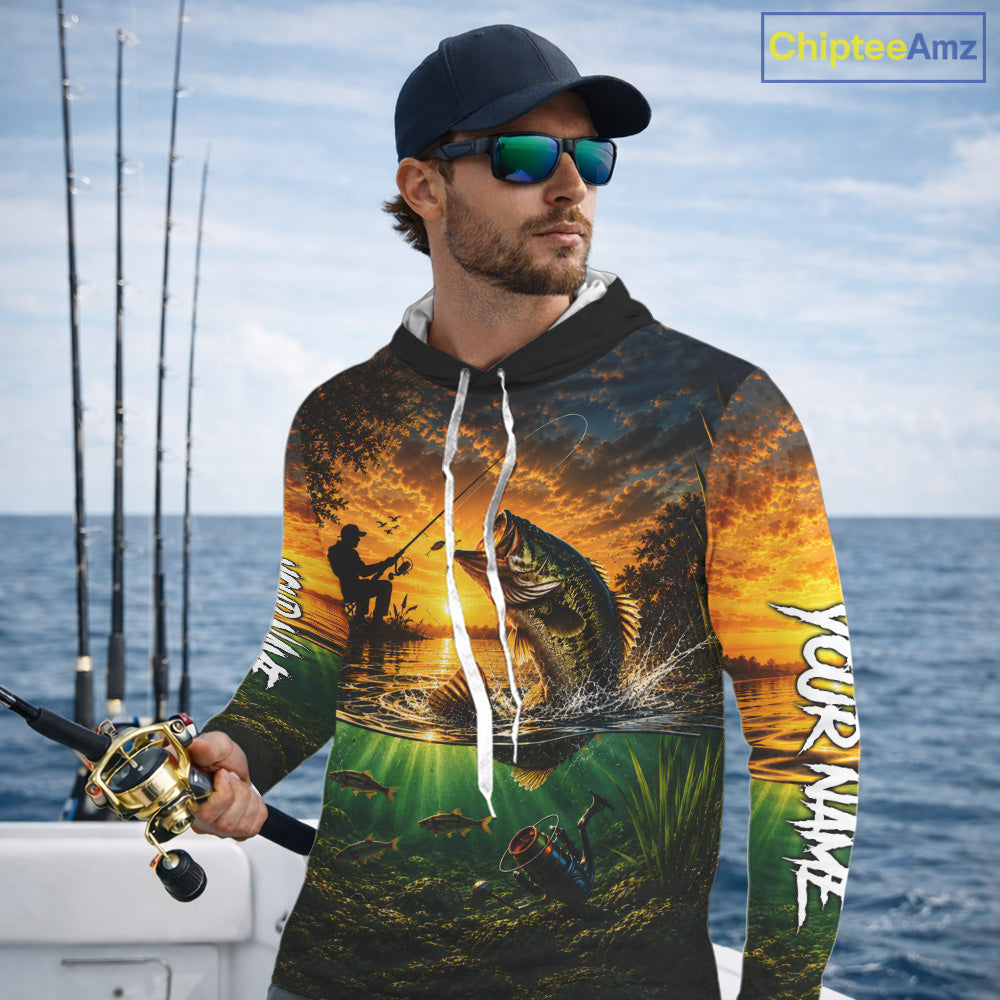 Largemouth Bass Fishing Custom Performance Long Sleeve Hooded Fishing Shirt, Bass Fishing Jerseys NBT946