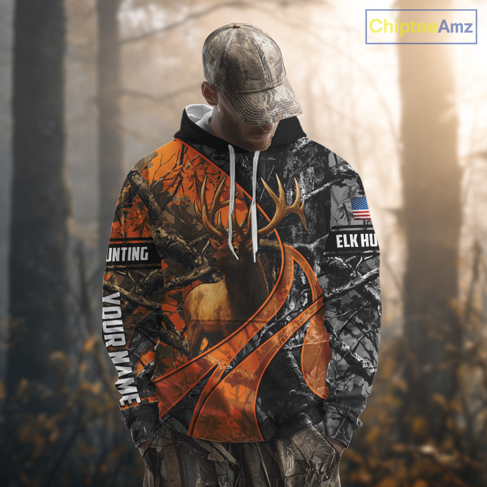 Elk Hunting Orange and Black Camo Shirts with US Flag, Personalized Hunting Shirt NBT100