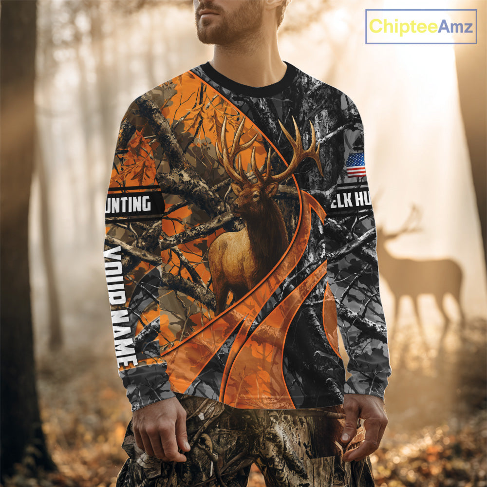 Elk Hunting Orange and Black Camo Shirts with US Flag, Personalized Hunting Shirt NBT100