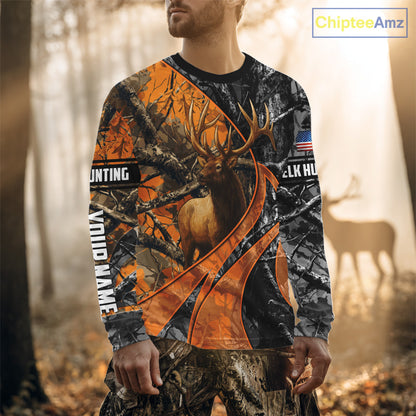 Elk Hunting Orange and Black Camo Shirts with US Flag, Personalized Hunting Shirt NBT100