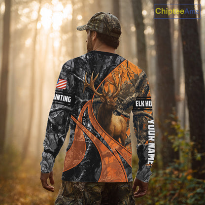 Elk Hunting Orange and Black Camo Shirts with US Flag, Personalized Hunting Shirt NBT100