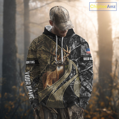 Whitetail Deer Hunting Brown and Black Camo Shirts with US Flag, Personalized Hunting Shirt NBT101