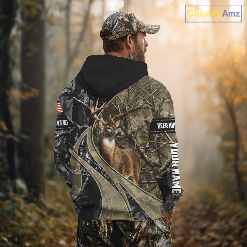 Whitetail Deer Hunting Brown and Black Camo Shirts with US Flag, Personalized Hunting Shirt NBT101