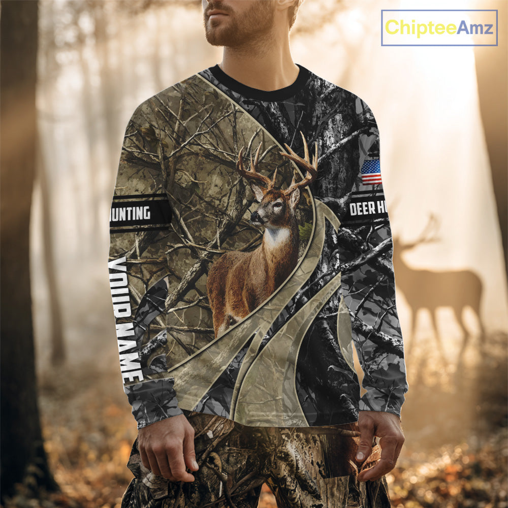 Whitetail Deer Hunting Brown and Black Camo Shirts with US Flag, Personalized Hunting Shirt NBT101