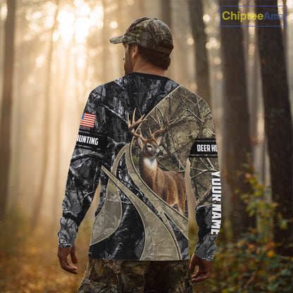 Whitetail Deer Hunting Brown and Black Camo Shirts with US Flag, Personalized Hunting Shirt NBT101