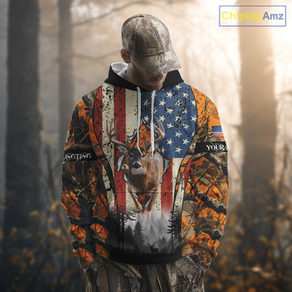 Whitetail Deer Hunting Big Game US Flag Custom Name Orange Camo Shirts, Hunting Clothing NBT265