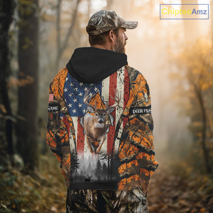 Whitetail Deer Hunting Big Game US Flag Custom Name Orange Camo Shirts, Hunting Clothing NBT265