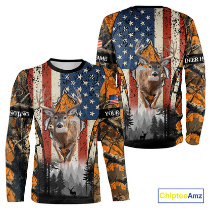 Whitetail Deer Hunting Big Game US Flag Custom Name Orange Camo Shirts, Hunting Clothing NBT265