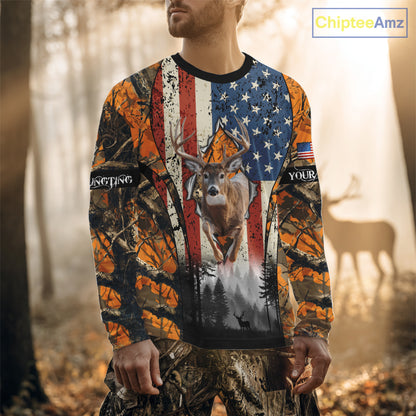Whitetail Deer Hunting Big Game US Flag Custom Name Orange Camo Shirts, Hunting Clothing NBT265