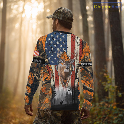 Whitetail Deer Hunting Big Game US Flag Custom Name Orange Camo Shirts, Hunting Clothing NBT265