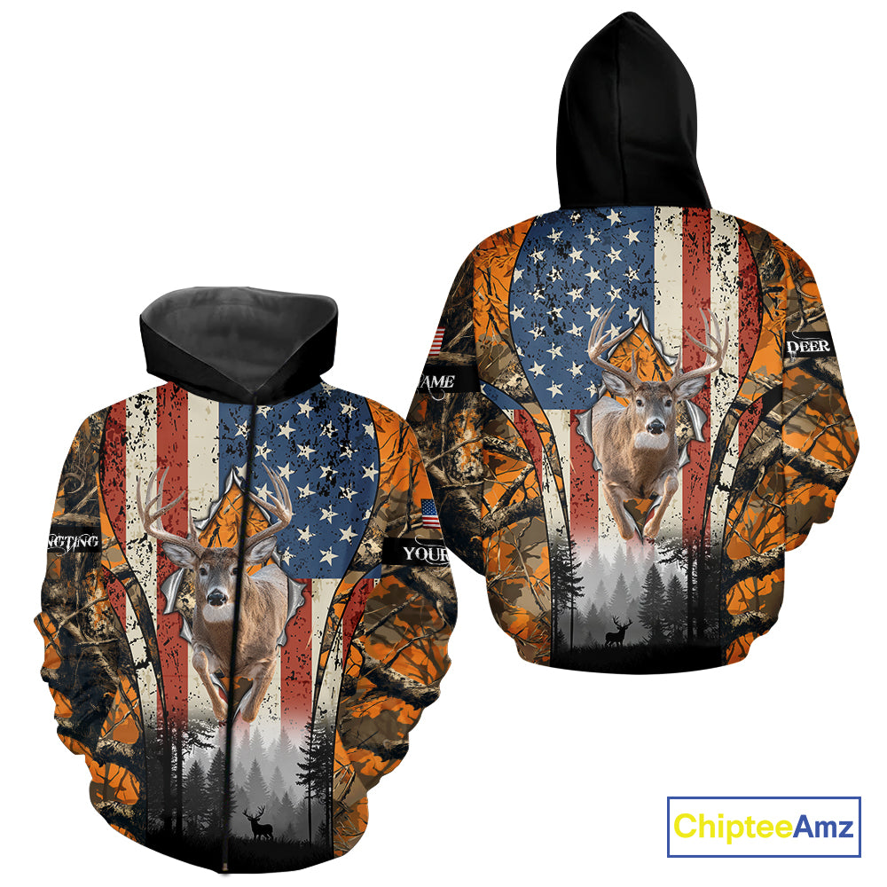 Whitetail Deer Hunting Big Game US Flag Custom Name Orange Camo Shirts, Hunting Clothing NBT265