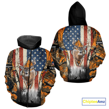 Whitetail Deer Hunting Big Game US Flag Custom Name Orange Camo Shirts, Hunting Clothing NBT265