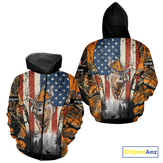 Whitetail Deer Hunting Big Game US Flag Custom Name Orange Camo Shirts, Hunting Clothing NBT265