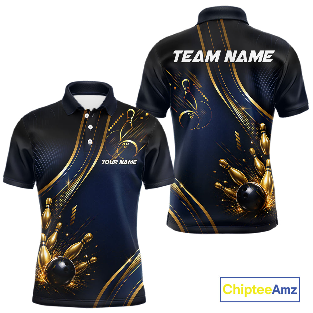 Navy Blue And Gold Mens Bowling Polo & 1/4 Quarter Zip Shirts, Bowling Team Tournament Jerseys NBT959