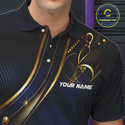 Navy Blue And Gold Mens Bowling Polo & 1/4 Quarter Zip Shirts, Bowling Team Tournament Jerseys NBT959