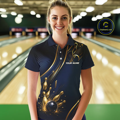 Navy Blue And Gold Womens Bowling Polo & 1/4 Quarter Zip Shirts, Bowling Team Tournament Jerseys NBT959
