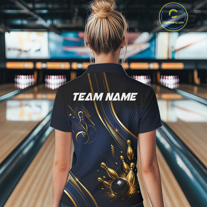 Navy Blue And Gold Womens Bowling Polo & 1/4 Quarter Zip Shirts, Bowling Team Tournament Jerseys NBT959