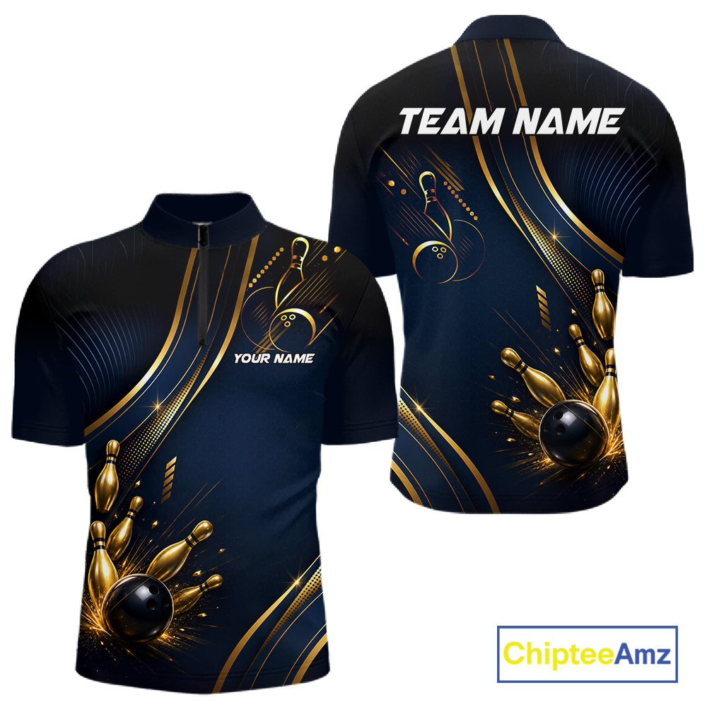 Navy Blue And Gold Mens Bowling Polo & 1/4 Quarter Zip Shirts, Bowling Team Tournament Jerseys NBT959