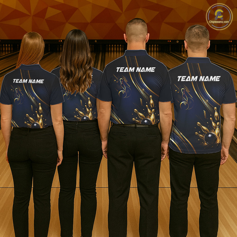 Navy Blue And Gold Womens Bowling Polo & 1/4 Quarter Zip Shirts, Bowling Team Tournament Jerseys NBT959