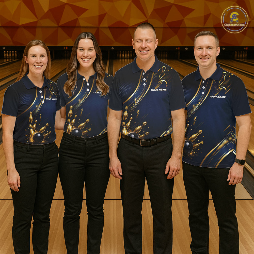 Navy Blue And Gold Womens Bowling Polo & 1/4 Quarter Zip Shirts, Bowling Team Tournament Jerseys NBT959