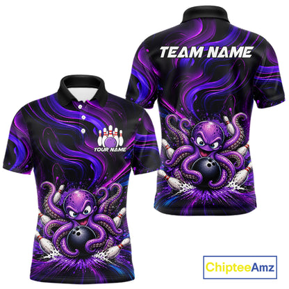 Funny Purple Octopus Bowling Polo & Quarter Zip For Men, Custom Bowling Team Shirt Bowling Jersey NBT960