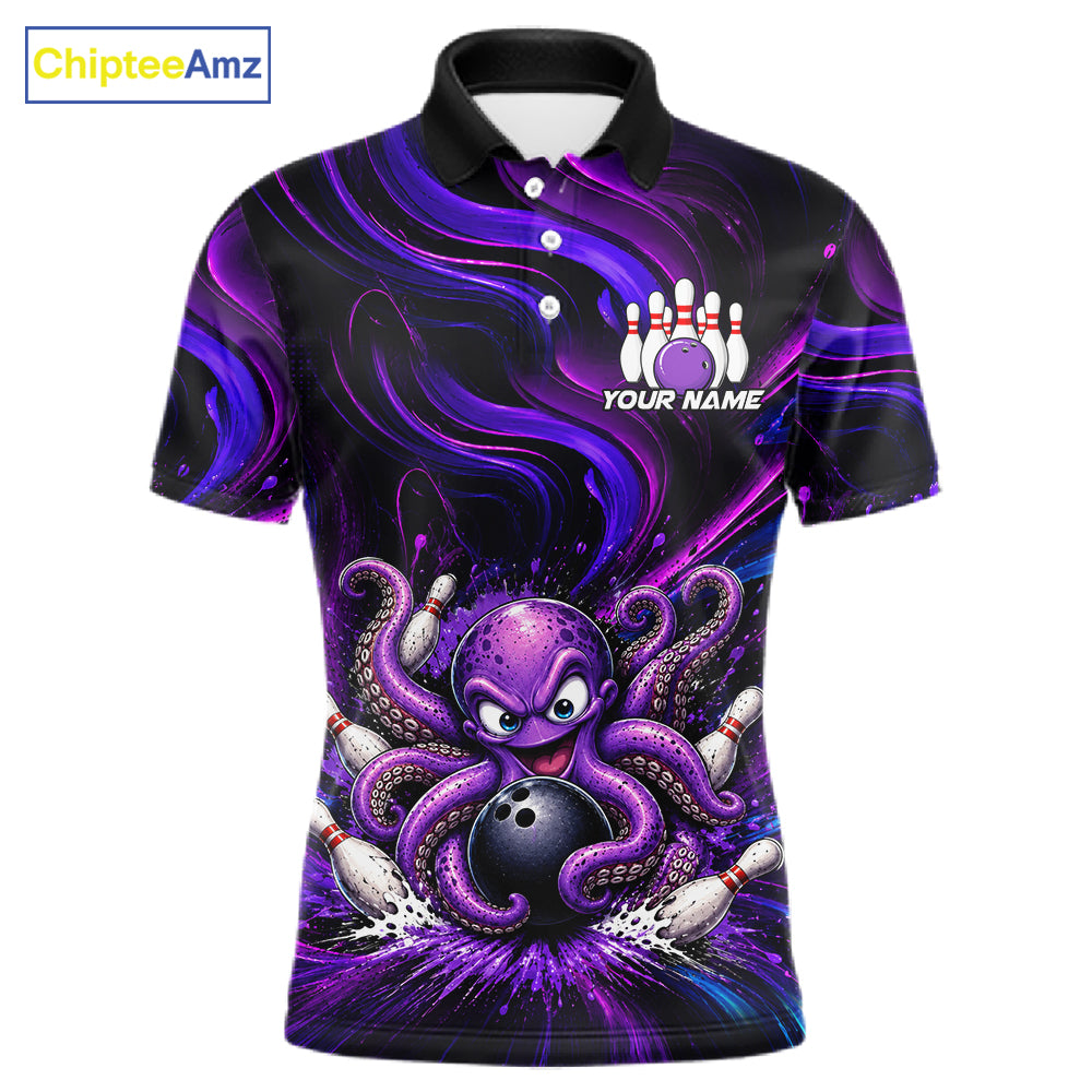 Funny Purple Octopus Bowling Polo & Quarter Zip For Men, Custom Bowling Team Shirt Bowling Jersey NBT960