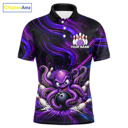 Funny Purple Octopus Bowling Polo & Quarter Zip For Men, Custom Bowling Team Shirt Bowling Jersey NBT960