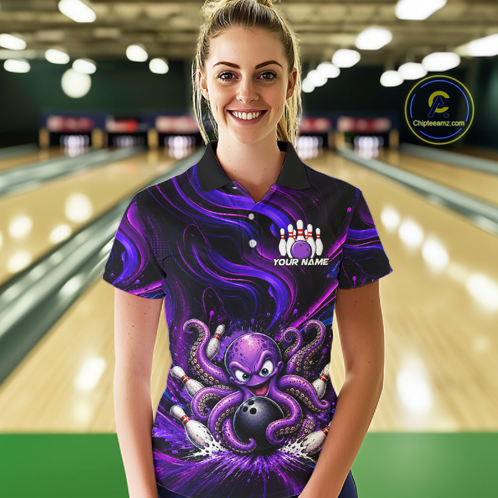 Funny Purple Octopus Bowling Polo & Quarter Zip For Women, Custom Bowling Team Shirt Bowling Jersey NBT960