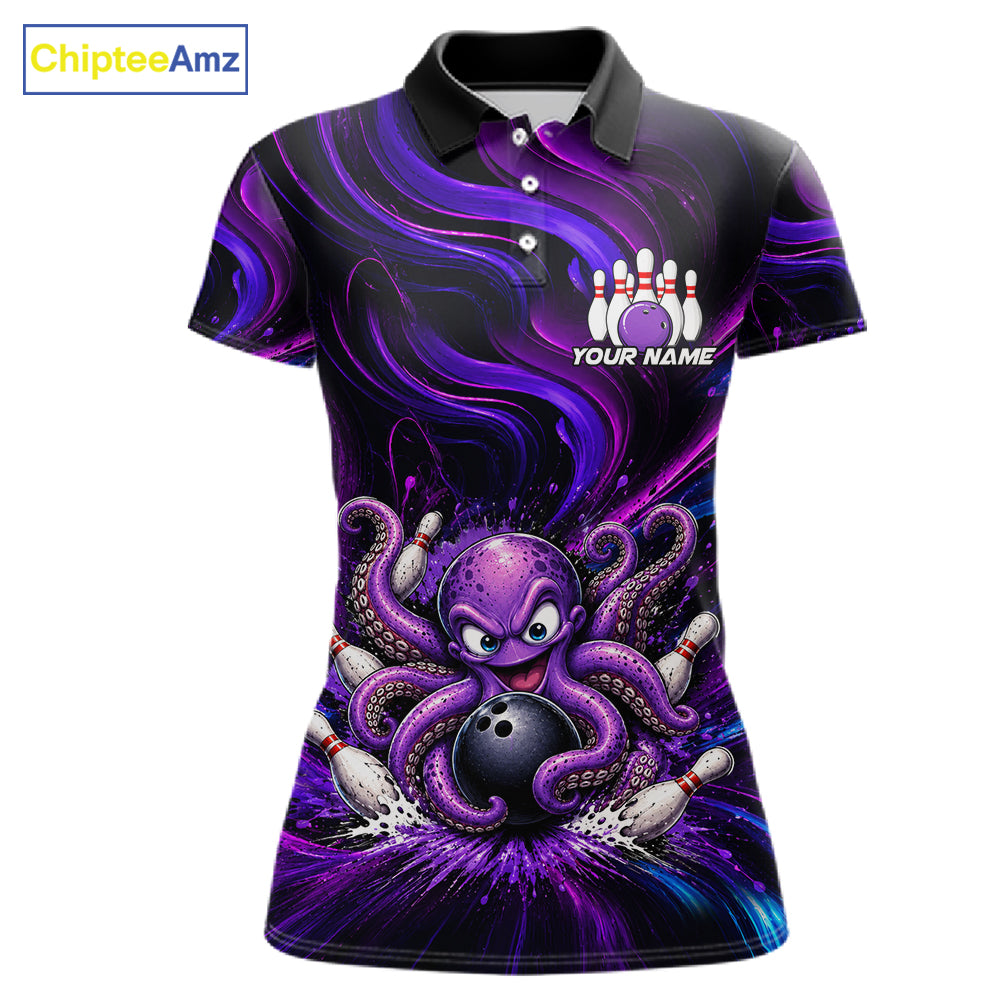 Funny Purple Octopus Bowling Polo & Quarter Zip For Women, Custom Bowling Team Shirt Bowling Jersey NBT960