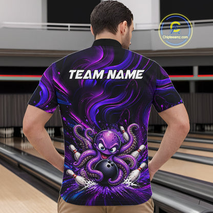 Funny Purple Octopus Bowling Polo & Quarter Zip For Men, Custom Bowling Team Shirt Bowling Jersey NBT960