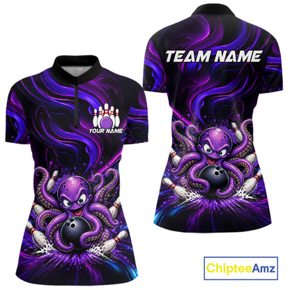 Funny Purple Octopus Bowling Polo & Quarter Zip For Women, Custom Bowling Team Shirt Bowling Jersey NBT960