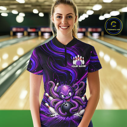 Funny Purple Octopus Bowling Polo & Quarter Zip For Women, Custom Bowling Team Shirt Bowling Jersey NBT960